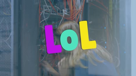 Animation-of-lol-over-caucasian-woman-checking-servers