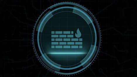 Animation-of-wall-with-fire-in-circle-and-cyber-security-on-black-background