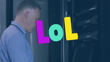 Animation-of-lol-over-caucasian-man-checking-servers