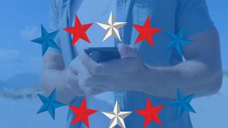Animation-of-stars-in-usa-flag-colours-over-hands-of-caucasian-man-using-smartphone