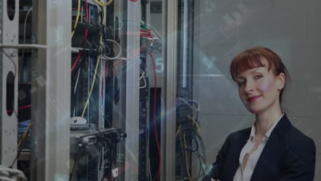 Cyber-security-data-processing-against-portrait-of-caucasian-female-engineer-smiling-in-server-room