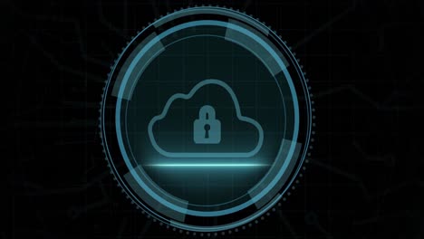 Animation-of-digital-cloud-in-circle-and-cyber-security-on-black-background