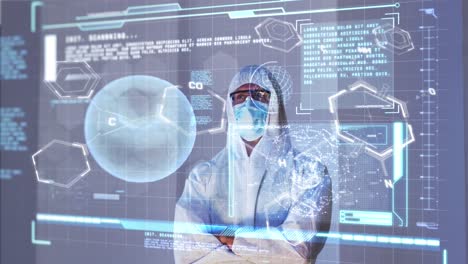 Animation-of-chemical-formula-and-data-processing-over-caucasian-doctor-in-ppe-suit