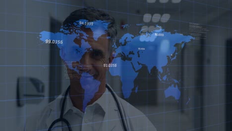 Animation-of-financial-data-and-world-map-over-happy-caucasian-male-doctor-looking-at-camera