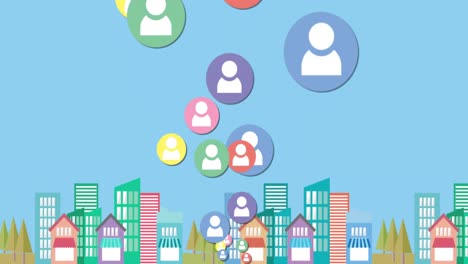 Animation-of-social-media-icons-floating-over-cartoon-cityscape-on-blue-background