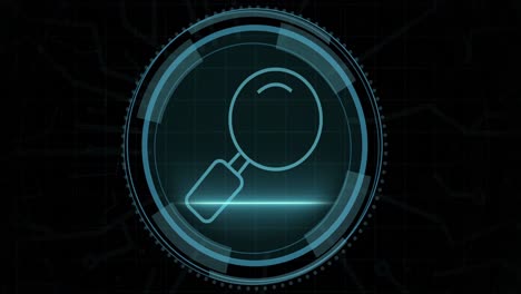 Animation-of-magnifier-in-circle-and-cyber-security-on-black-background