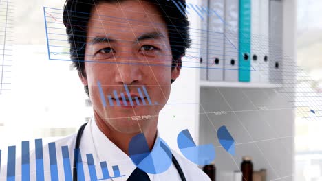 Animation-of-financial-graphs-over-happy-asian-male-doctor-looking-at-camera