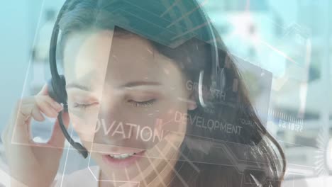 Animation-of-data-processing-over-smiling-caucasian-businesswoman-talking-using-phone-headset