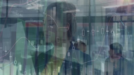 Animation-of-financial-data-and-graphs-over-asian-woman-working-in-office