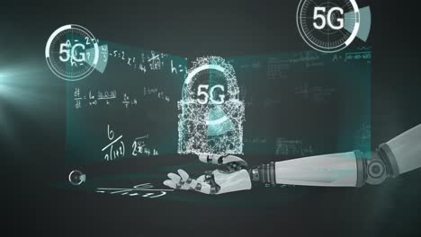 Animation-of-5g-text,-data-processing,-padlock-network-and-robot-hand-over-mathematical-equations