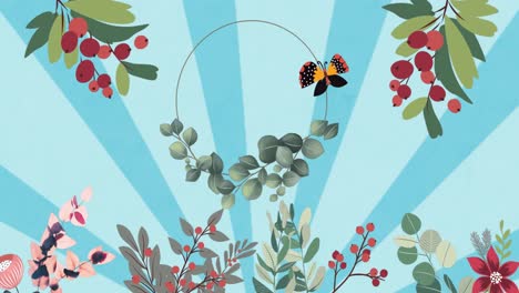 Animation-Von-Pflanzen,-Blumen-Und-Kranz-Auf-Blauem-Hintergrund