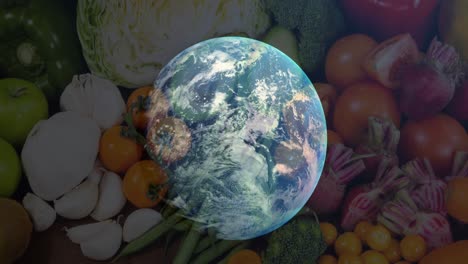 Animation-Eines-Sich-Drehenden-Globus-über-Einem-Gemüsetisch
