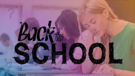 Animation-of-back-to-school-over-class-of-diverse-students-learning-at-school