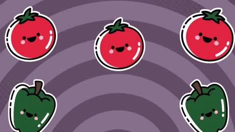 Animation-Von-Paprika-Und-Tomaten,-Die-Sich-Auf-Violettem-Hintergrund-Bewegen