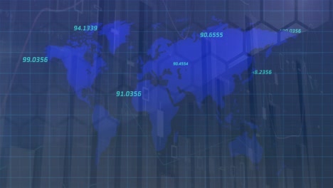 Animation-Von-Zahlen-Und-Weltkarte-Auf-Marineblauem-Hintergrund