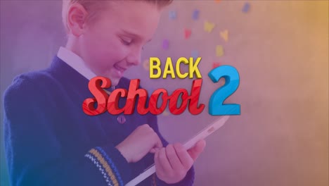 Animation-of-back-to-school-over-happy-caucasian-boy-using-smartphone