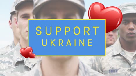 Animation-of-hearts-and-supporting-ukraine-over-diverse-male-soldiers