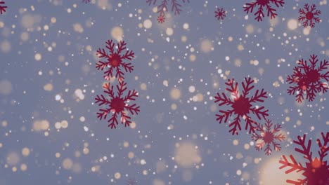 Animation-of-red-christmas-snowflakes-and-light-spots-falling-over-grey-background