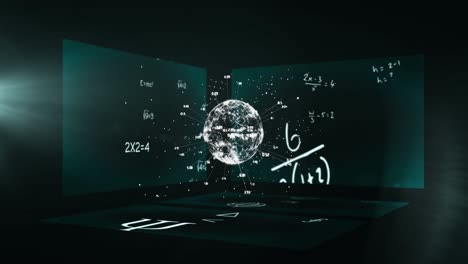 Animation-of-globe-with-data-processing-over-mathematical-equations-on-black-background