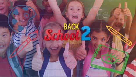 Animation-of-back-to-school-over-happy-class-of-diverse-pupils-cheering