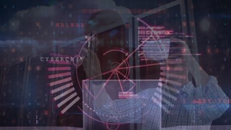 Animation-Der-Cybersicherheitsdatenverarbeitung-über-Einen-Männlichen-Hacker-Und-Einen-Kaukasischen-Mann-Mit-VR-Headset