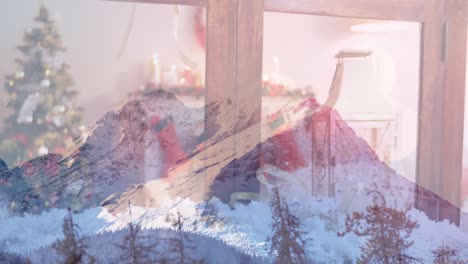 Animation-of-winter-forest-over-window-with-christmas-decorations