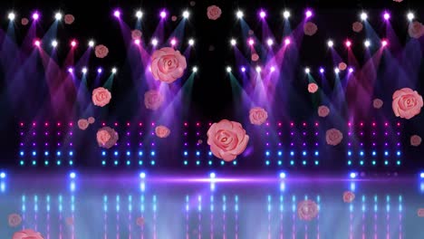 Animation-of-rose-icons-falling-over-light-trails-and-spotlights-on-empty-stage