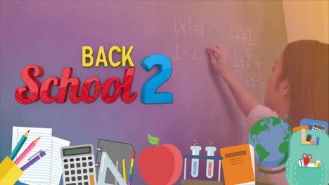 Animation-of-back-to-school-over-biracial-girl-writing-on-blackboard