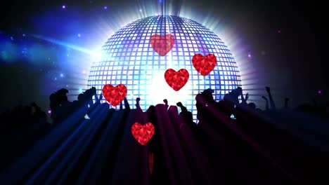 Animation-of-heart-icons-over-disco-ball,-spotlights-and-crowd-dancing