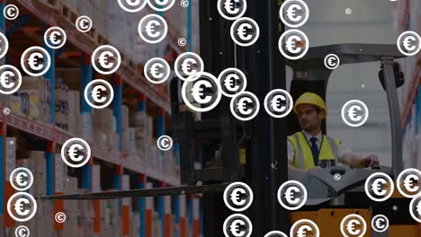 Animation-of-euro-symbols-over-caucasian-male-worker-using-forklift-truck-in-warehouse