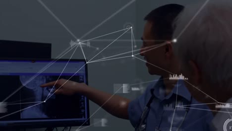 Animation-Des-Netzwerks-Von-Verbindungen-über-Verschiedene-Männliche-Ärzte-Mit-Röntgenfoto