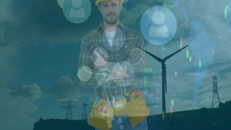 Animation-of-icons-with-data-processing-and-caucasian-male-worker-over-wind-turbine