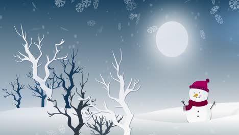 Animation-Von-Weihnachtsschneeflocken,-Die-über-Schneemann-Und-Winterlandschaft-Fallen