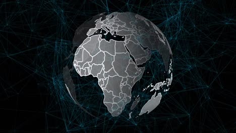 Digital-animation-of-network-of-connections-over-spinning-globe-against-black-background