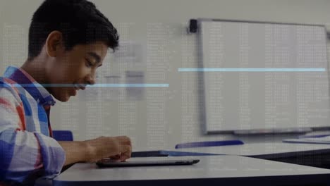 Animation-Der-Datenverarbeitung-über-Einen-Indischen-Jungen,-Der-In-Der-Klasse-Ein-Digitales-Tablet-Verwendet