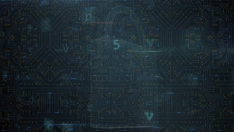 Animation-Der-Cybersicherheitsdatenverarbeitung-über-Mikroprozessorverbindungen-Vor-Blauem-Hintergrund
