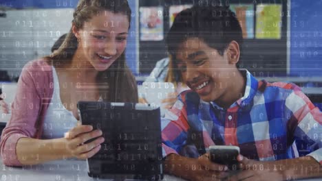 Animation-of-binary-code-over-happy-diverse-boy-and-girl-using-tablet-at-school