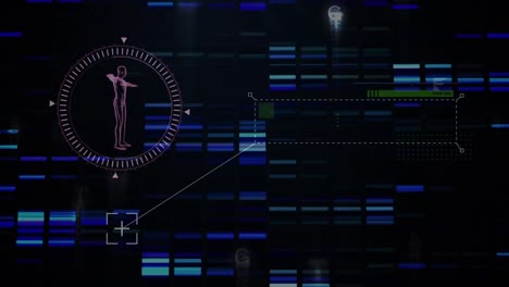 Animation-of-digital-screen-with-biological-data-on-black-background