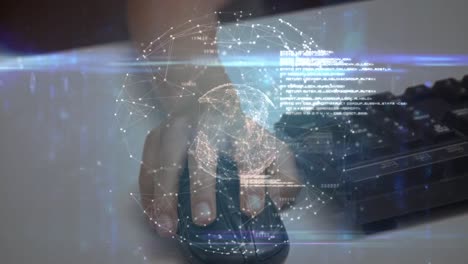 Animation-of-connections-with-globe-over-hands-of-caucasian-girl-using-computer