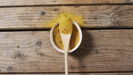 Video-of-spoon-with-tumeric-seasoning-lying-on-wooden-surface