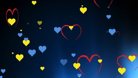 Animation-of-red-heart-icons-over-blue-and-yellow-hearts-on-dark-background