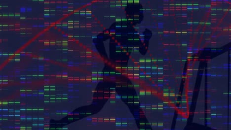 Animation-Eines-Digitalen-Bildschirms-Mit-Daten-Und-DNA-Auf-Marineblauem-Hintergrund