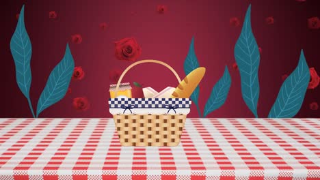 Animation-Von-Rosensymbolen-über-Einem-Picknickkorb-Mit-Essen-Auf-Dem-Tisch
