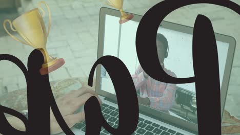 Animation-Von-Trophäensymbolen-über-Einem-Afroamerikanischen-Mann,-Der-Einen-Laptop-Videoanruf-Führt
