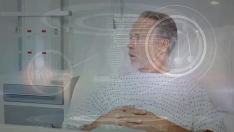 Animation-Der-Medizinischen-Datenverarbeitung-über-Einem-Kaukasischen-älteren-Männlichen-Patienten-Im-Krankenhausbett