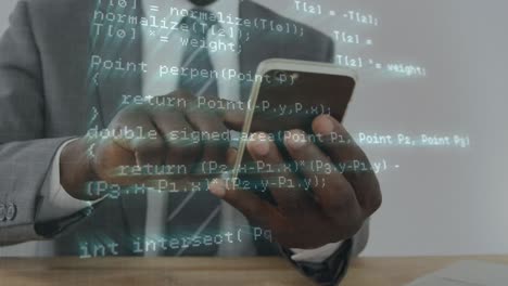 Animation-of-data-processing-over-hands-of-african-american-businessman-using-smartphone