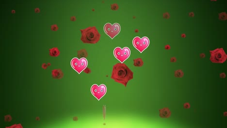 Animación-De-Iconos-De-Corazón-Sobre-Rosas-Sobre-Fondo-Verde