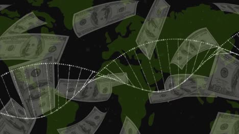 Animation-of-dna-and-money-over-black-background