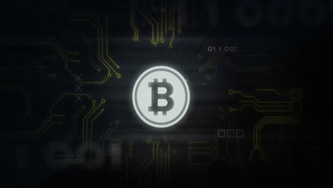 Animación-De-Interferencia-Sobre-El-Símbolo-Bitcoin,-Procesamiento-De-Datos-Y-Placa-De-Circuito-Informático