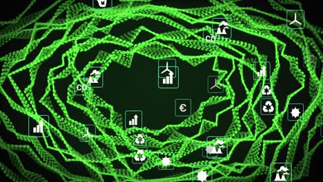 Animation-Einer-Sich-Bewegenden-Grünen-Welle-Und-Symbole-Auf-Dunklem-Hintergrund
